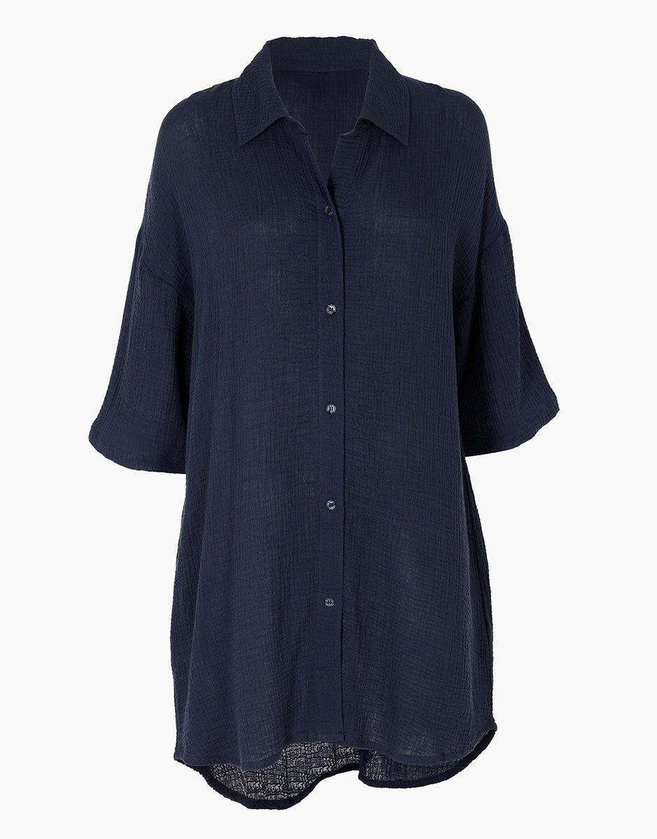 Abito camicia mare cotone blu notte maniche 3/4