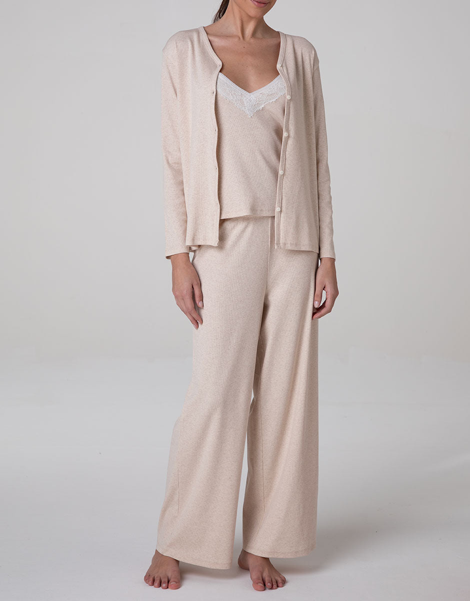 Lovable top spalline cotone a costine beige melange scollo pizzo