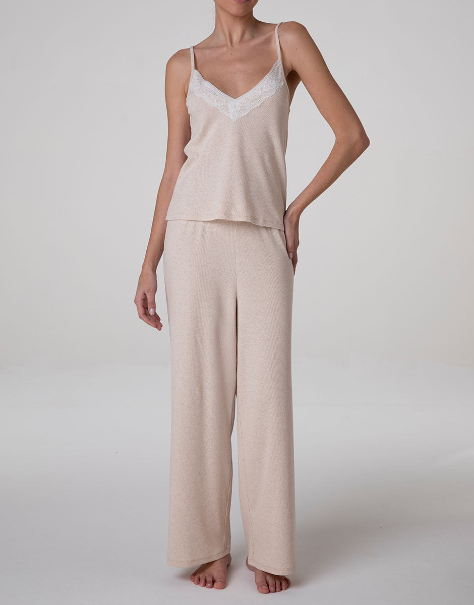Lovable top spalline cotone a costine beige melange scollo pizzo