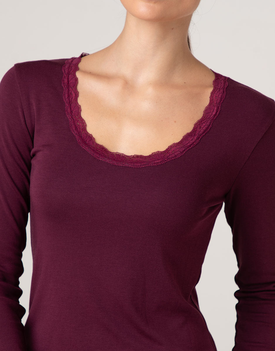 Lovable Warm Modal and Silk maglia manica lunga pizzo vinaccia