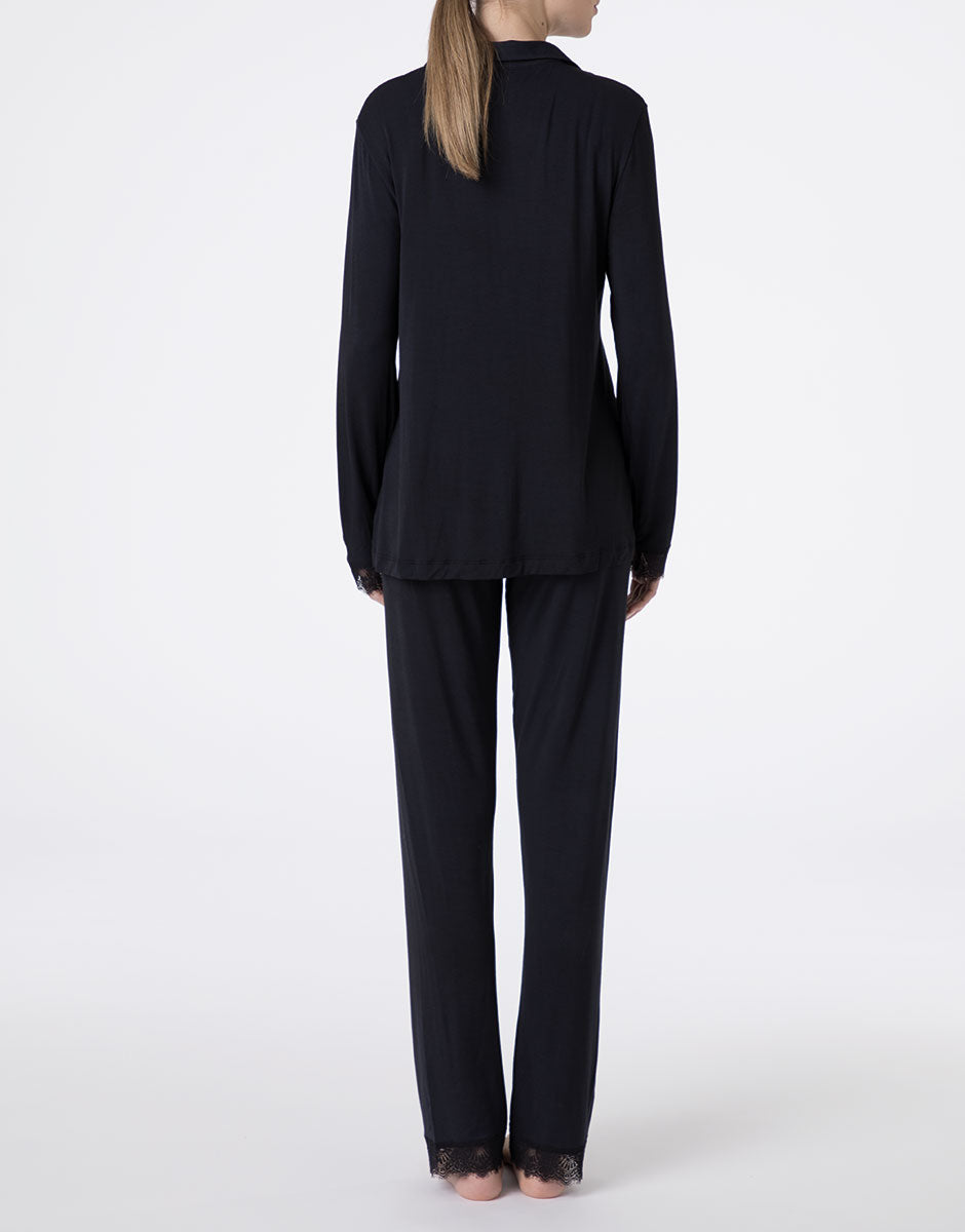 Lovable Elegant Modal pigiama lungo aperto nero con pizzo