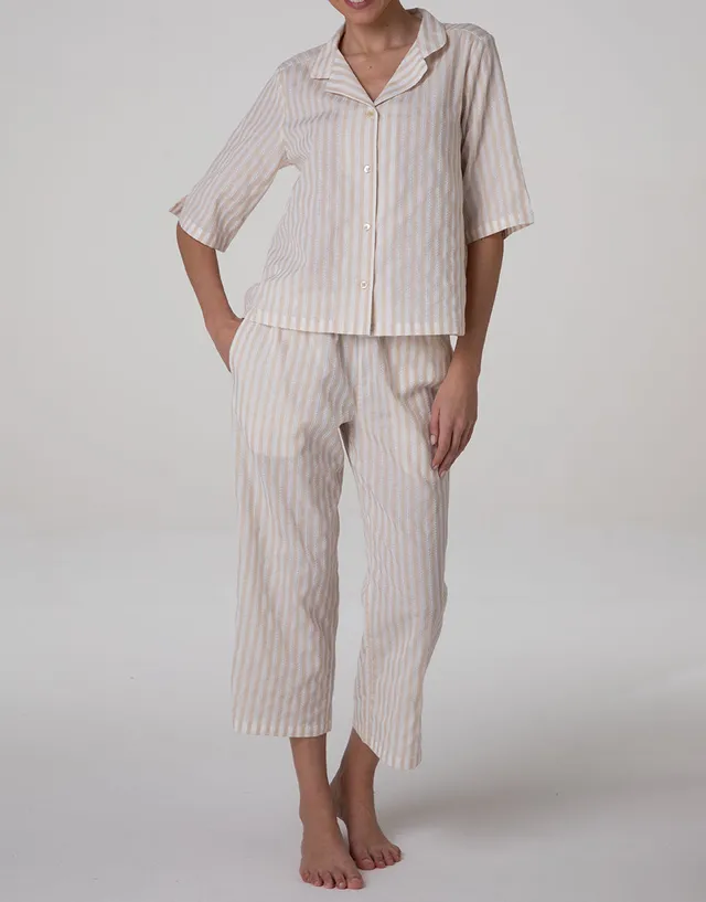Lovable pigiama aperto cotone righe bianco crema maniche 3/4