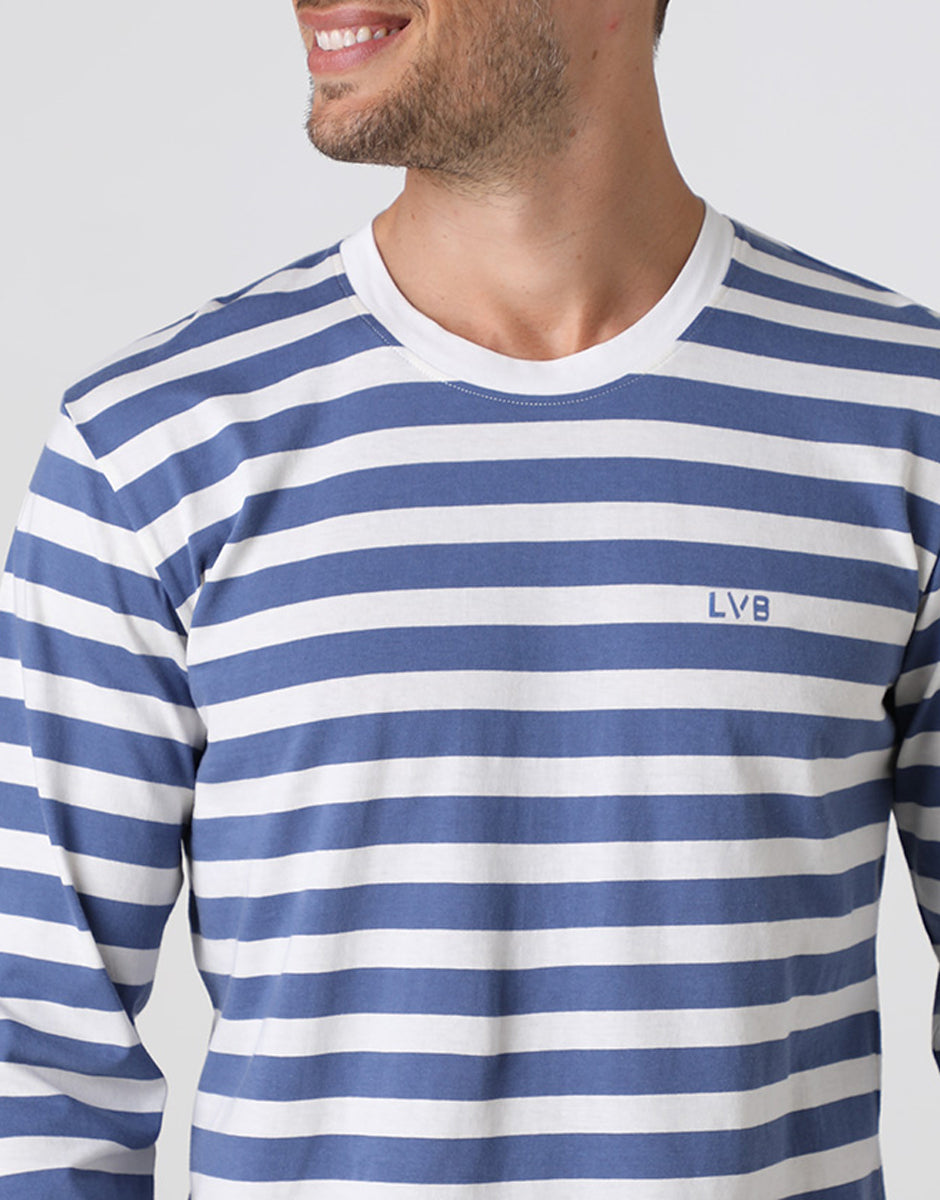 Lovable Man pigiama lungo girocollo jersey righe avorio blu