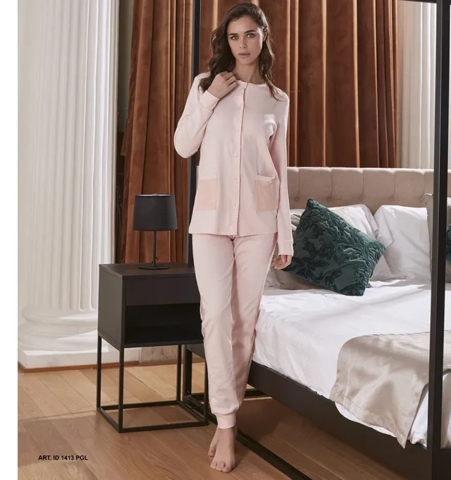 Intimami Pigiama Lungo Interlock Rosa Cipria Bottoni