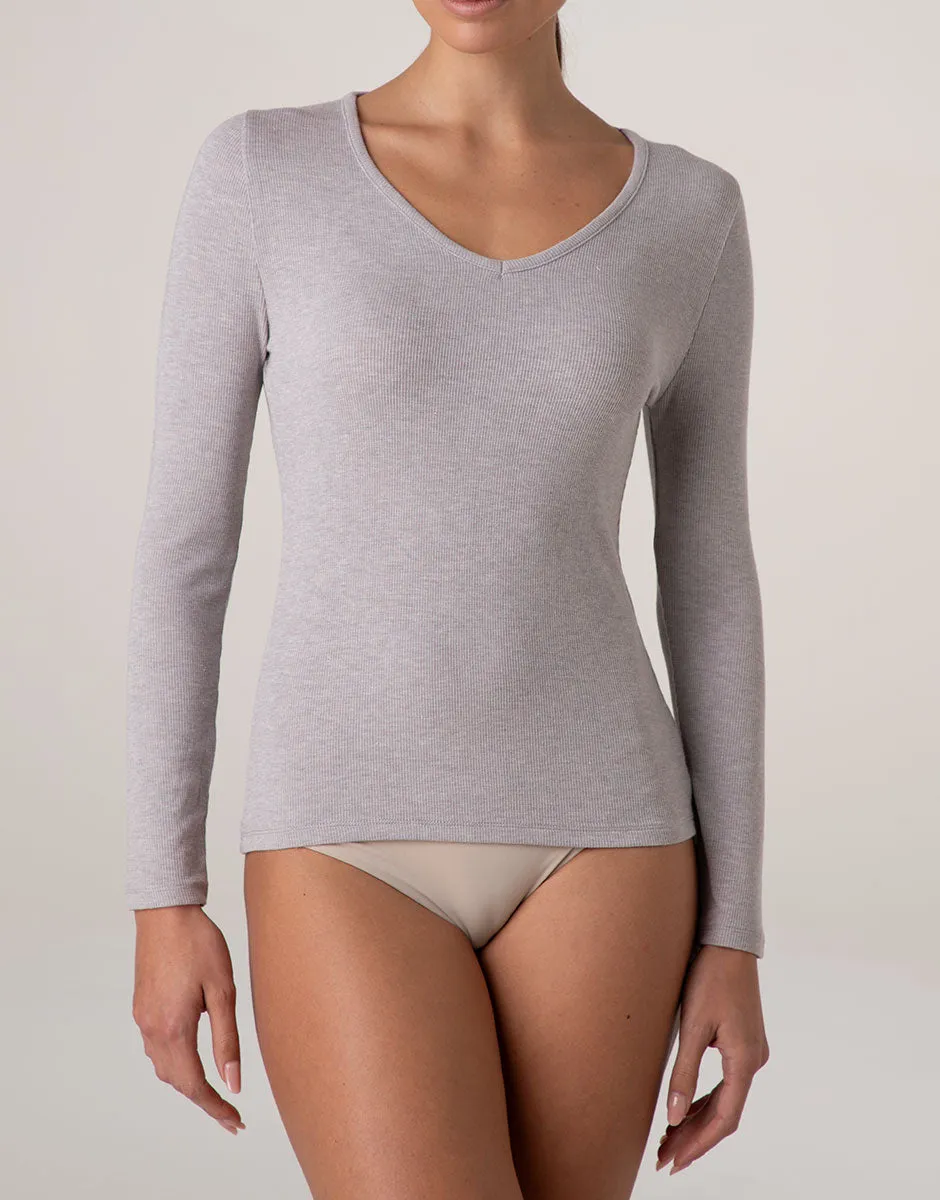 Lovable Rib Glimmering Modal maglia scollo V grigio melange