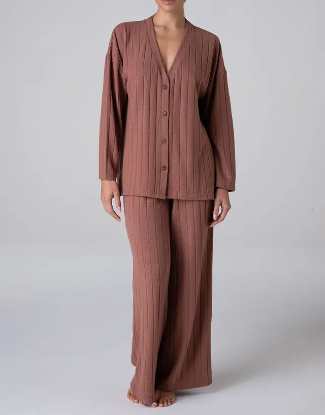 Lovable Homewear cardigan e pantalone marrone ambrato a costine