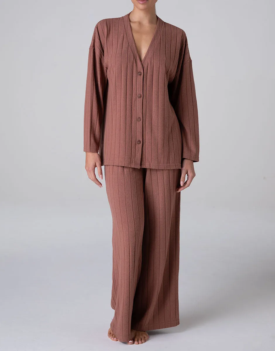Lovable Homewear cardigan e pantalone marrone ambrato a costine