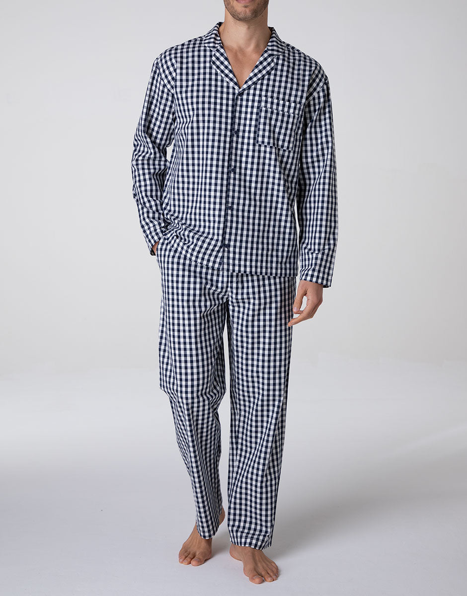 Lovable Man Pigiama Lungo Aperto Cotone Blu Vichy