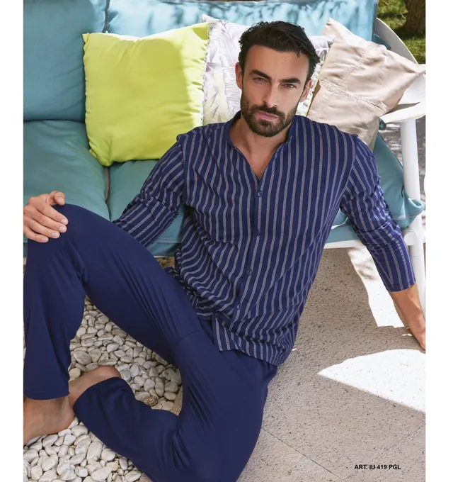 Intimami pigiama uomo lungo a righe blu con bottoni