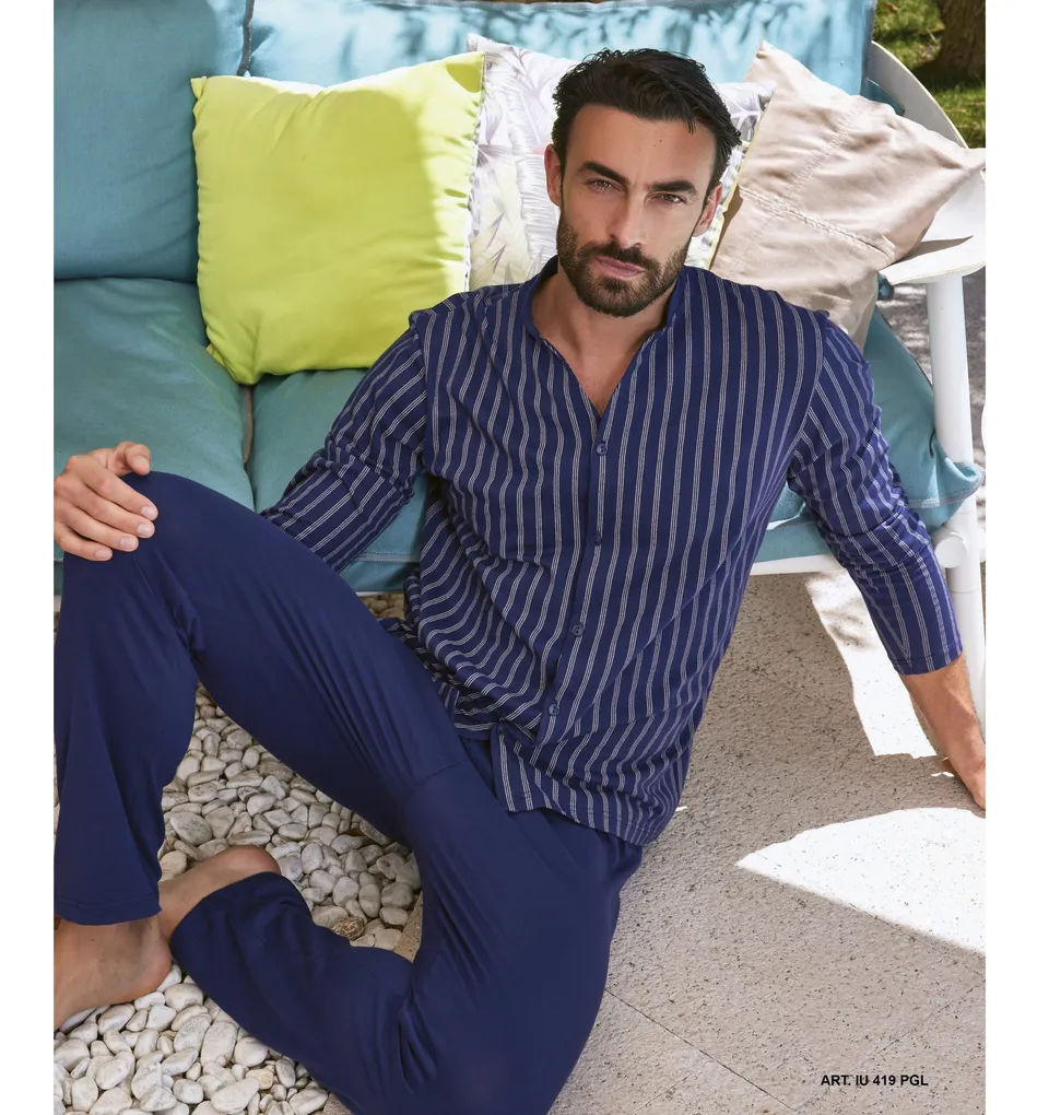 Intimami pigiama uomo lungo a righe blu con bottoni