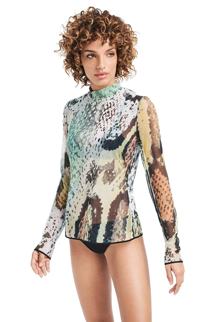Wolford Tulle maglia velata collo alto stampa rettile M