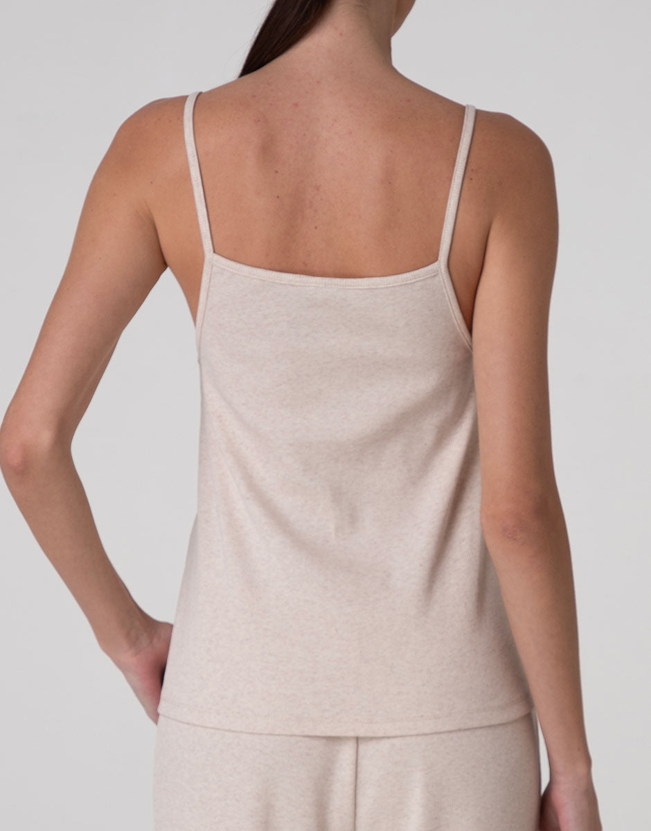 Lovable top spalline cotone a costine beige melange scollo pizzo