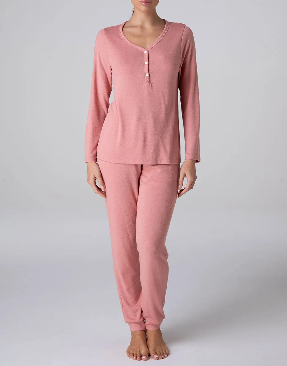 Lovable Warm Fluffy pigiama lungo serafino rosa terracotta fluffy