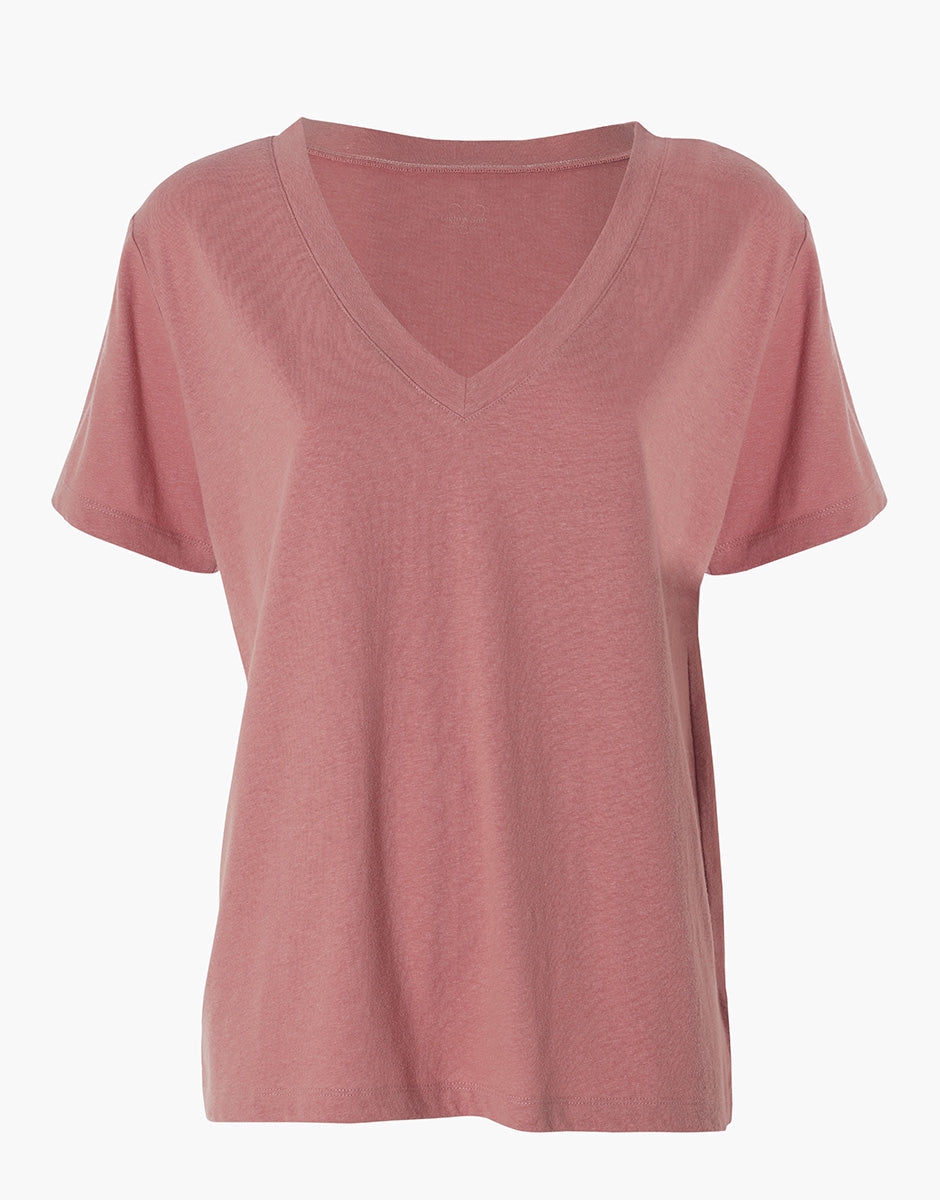 Lovable Cotton Linen Maglia Manica Corta Scollo a V rosa polvere