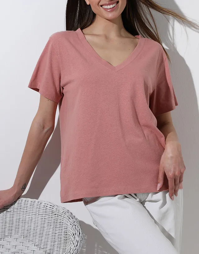 Lovable Cotton Linen Maglia Manica Corta Scollo a V rosa polvere
