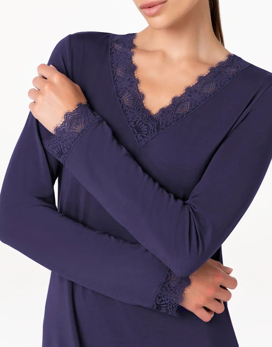 Lovable Elegant Modal camicia notte lunga blu notte pizzo