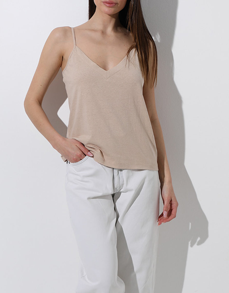 Lovable Cotton Linen top scollo a V cappuccino cotone e lino fresco